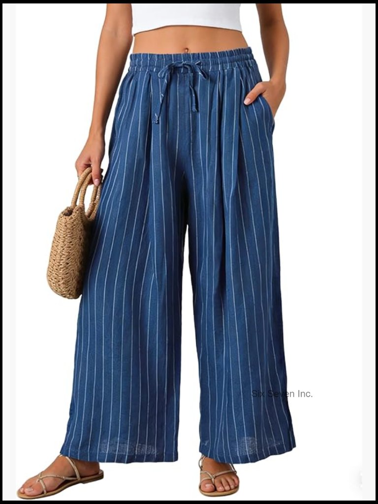 100% Linen Wide Leg Palazzo Pants With Pockets